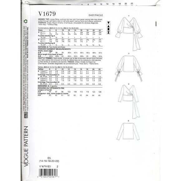 Vogue V1679 Misses 14 to 22 Surplice Blouse Pullover Top Uncut Sewing Pattern - Picture 2 of 2